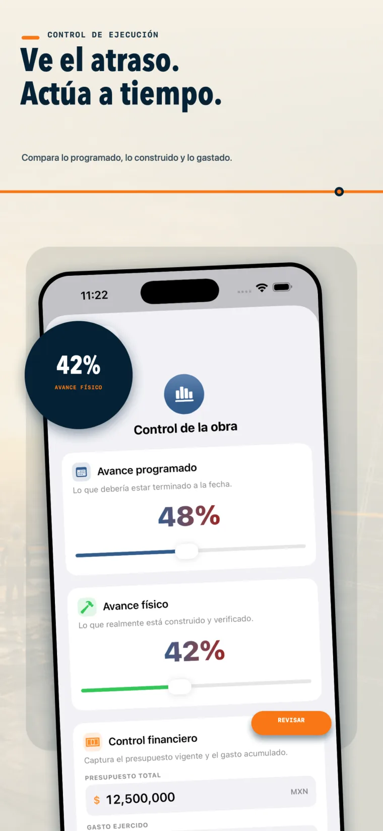 ObraReport comparando avance programado, físico y financiero