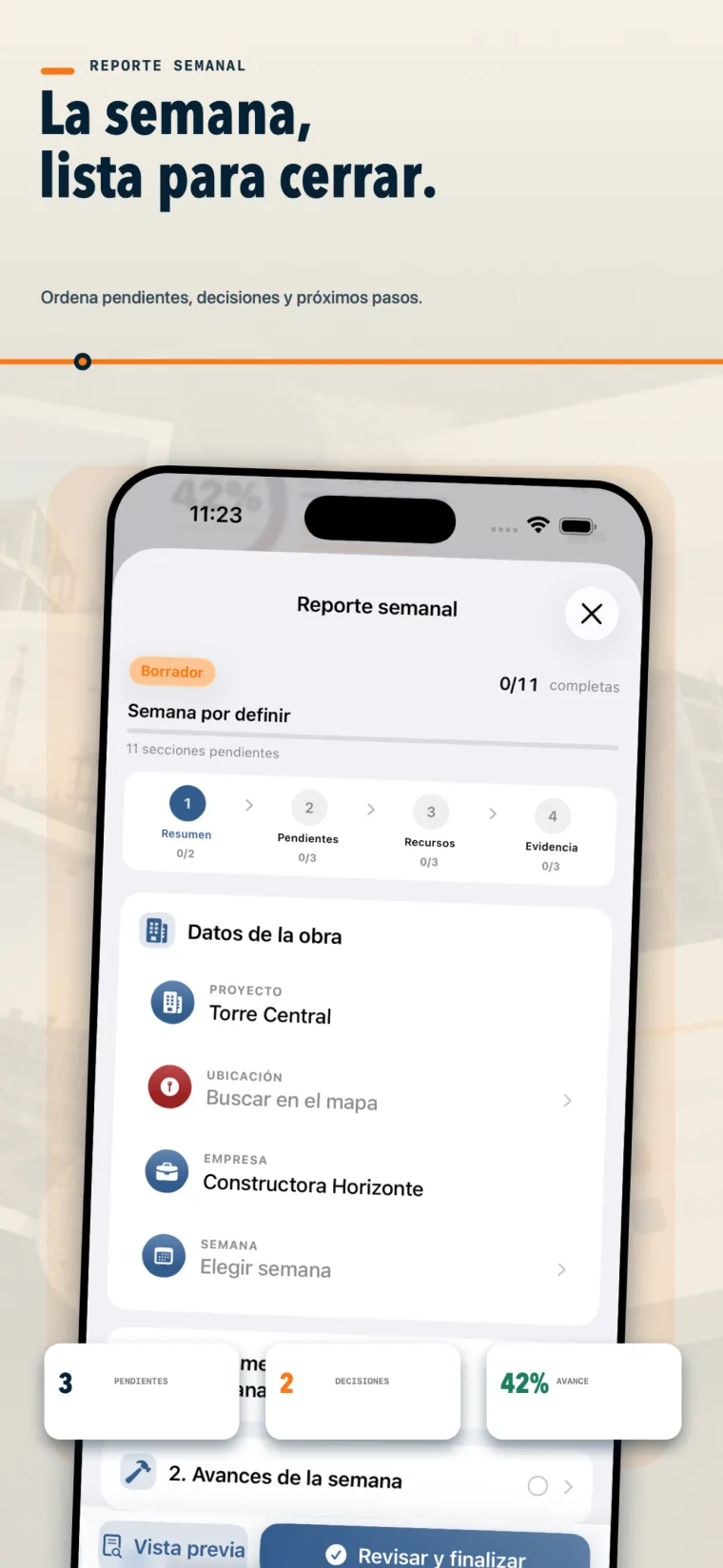 Reporte semanal con pendientes, decisiones y avance en ObraReport